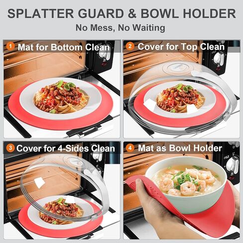 2 in 1, JesDiary Clear Microwave Cover & Multi-Purpose Mat- Mat as Bowl Holders, Cover for Plate Food Splatter Guard, Microwave Cooking Lid & Silicone Versatile Trivet, Dishwasher Safe,10.5inch, Red in Saudi Arabia