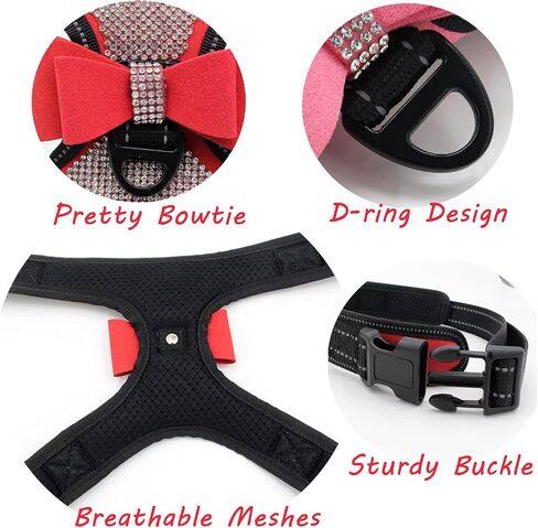 Dog Reflective Rhinestone Harness, No Pull Adjustable Bowtie Buckle D-Ring Harness for Small Meduim Large Dog(Black,XL) in Saudi Arabia