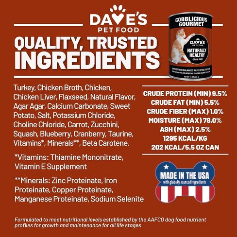 Dave's Pet Food Grain Free Wet Canned Cat Food (Pate, Gobblicious Gourmet), Made in USA Naturally Healthy Wet Cat Food, Added Vitamins & Minerals, Grain-Free, 13 oz Cans (Case of 12) in Kuwait