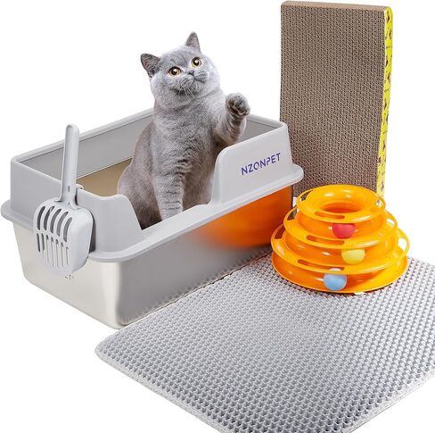 Nzonpet Stainless Steel Cat Litter Box with Lid Large Litter Box for Cats Metal Litter Box High Sided, Anti-Leakage, Non-Sticky, Easy Cleaning, Include Cat Mat Scratching Pad Toy and Litter Scoop in Kuwait