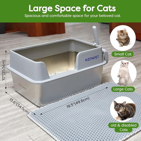 Nzonpet Stainless Steel Cat Litter Box with Lid Large Litter Box for Cats Metal Litter Box High Sided, Anti-Leakage, Non-Sticky, Easy Cleaning, Include Cat Mat Scratching Pad Toy and Litter Scoop in Kuwait