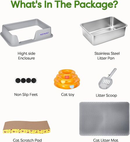 Nzonpet Stainless Steel Cat Litter Box with Lid Large Litter Box for Cats Metal Litter Box High Sided, Anti-Leakage, Non-Sticky, Easy Cleaning, Include Cat Mat Scratching Pad Toy and Litter Scoop in Kuwait