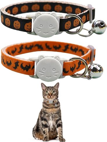 2 Pack Halloween Cat Collars Breakaway with Bell,Adjustable Cat Collars with Safety Buckle,Holiday Cat Collar for Girls and Boys,Adjustable from 7.87"-11.81" (Bat & Pumpkin) in Saudi Arabia