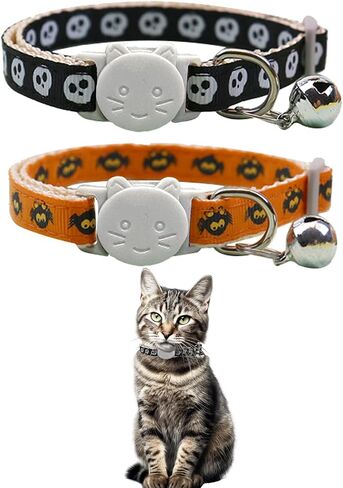2 Pack Halloween Cat Collars Breakaway with Bell,Adjustable Cat Collars with Safety Buckle,Holiday Cat Collar for Girls and Boys,Adjustable from 7.87"-11.81" (Bat & Pumpkin) in Saudi Arabia