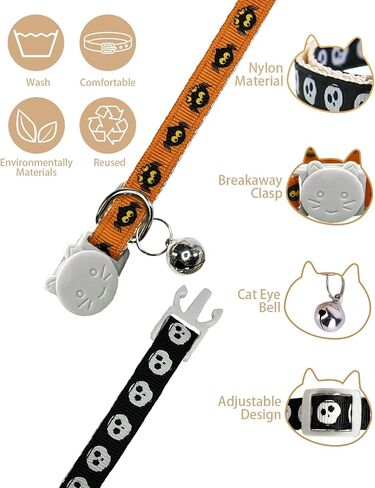 2 Pack Halloween Cat Collars Breakaway with Bell,Adjustable Cat Collars with Safety Buckle,Holiday Cat Collar for Girls and Boys,Adjustable from 7.87"-11.81" (Bat & Pumpkin) in Saudi Arabia