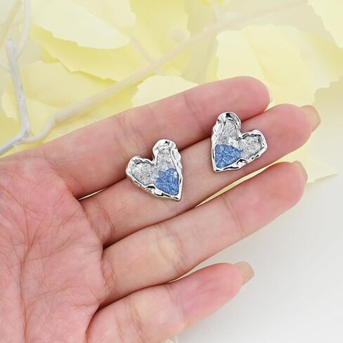 925 Sterling Silver Blue Heart Stud Earrings with Irregular Rhinestone Handmade Cute Valentines Day Earrings for Women Girls Heart Jewelry in Saudi Arabia