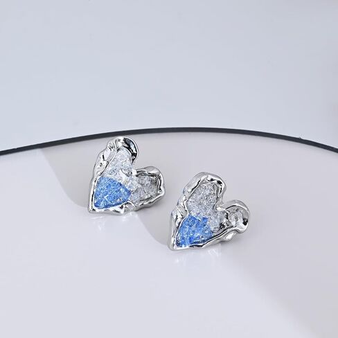 925 Sterling Silver Blue Heart Stud Earrings with Irregular Rhinestone Handmade Cute Valentines Day Earrings for Women Girls Heart Jewelry in Saudi Arabia