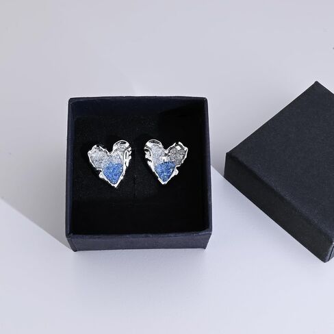 925 Sterling Silver Blue Heart Stud Earrings with Irregular Rhinestone Handmade Cute Valentines Day Earrings for Women Girls Heart Jewelry in Saudi Arabia