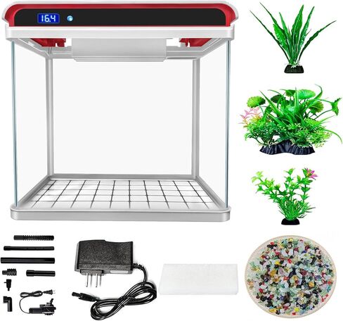 حوض أسماك زجاجي مزود بمصابيح LED ثلاثية الألوان، ومضخة مياه مرشحة، وشاشة عرض لدرجة حرارة الماء، وحوض أسماك صغير ذاتي التنظيف in Kuwait
