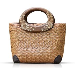 Beach Bag for Women, Straw Bag, Handmade Rattan Bag, Summer Tote Bag Flowers Engraving Wooden Handle, Boho Retro Straw Woven Handbag Suitable for Vacation Travel Daily