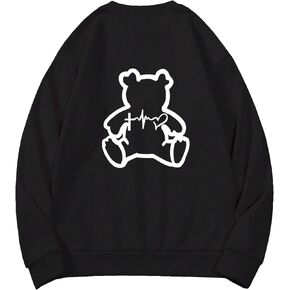 WDIRARA Men's Cartoon Bear Print Graphic Drop Shoulder Long Sleeve Crewneck Pullover Sweatshirt