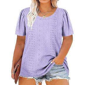 DOLNINE Womens-Plus-Size-Tops Casual Puff Short Sleeve Crewneck Eyelet Tunic Shirts XL-5XL