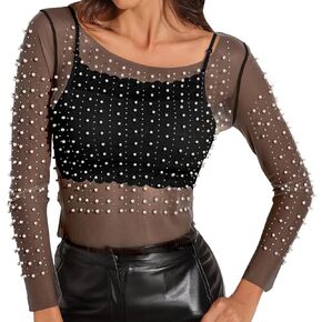 Flygo Womens Pearl Crop Tops Crewneck Sexy Mesh Long Sleeve Beaded Sheer Shirts Y2K Party Clubwear