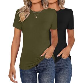 2 Pack Women's Crew Neck Slim Fitted T Shirts Short Sleeve Round Neck Tops Solid Color Stretchy Crop Tops