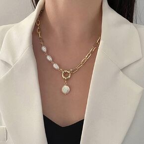 Fashion Alloy Chain Choker Necklace Paperclip Choker Chain Necklace Pearl Pendant Necklace Gold for Women and Girls