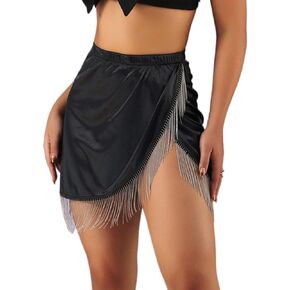 EVILD Satin Slit Mini Skirt Black Shiny Tassel Novelty Skirt Elastic Sexy Party Women Costume Short Skirts