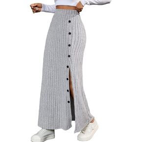 WDIRARA Women's Split Hem Ribbed Long Skirt Button Front High Waist Skirt