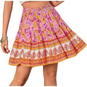 Women Floral Print High Waist Elastic A line Mini Skirt Bohemian Style