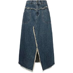 Women's Vintage Low-Rise Fringe Split Denim Long Skirt