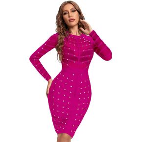 Long Sleeve Mesh Beaded Knee Length Rayon Bandage Dress