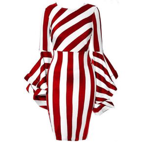 Nuofengkudu Women's Plus Size Costume Elegant Dresses Striped Crew Neck Ruffles Long Sleeve Bodycon Midi Church Dress