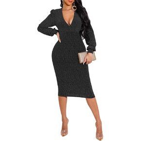 LalaLin Sexy Sparkly Dress for Women Long Sleeve Deep V Neck Bodycon Elegant Club Midi Dresses