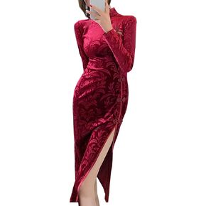 Women's Long Sleeve Velour Midi Cheongsam Dress Vintage Floral Embossed Mandarin Collar High Slit Sheath Dress