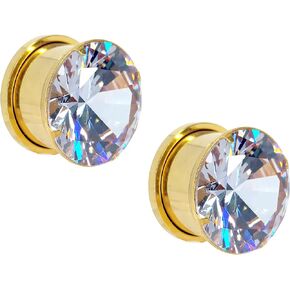 Pierced Owl Gold Plated Surgical Steel Clear Prong Set Zircon Crystal Screw Fit Plugs, Sold as a Pair