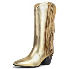 Ouepiano Women's Fringe Boots Metallic Mid Calf Cowgirl Boots Pointed Toe Chunky Heel Fashion Party Boots
