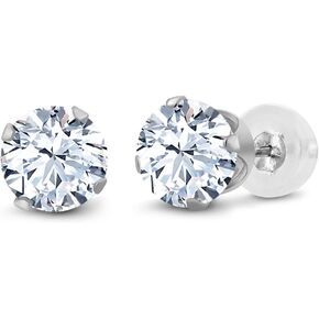 Gem Stone King 10K White Gold White Created Sapphire Stud Earrings For Women (2.40 Cttw, Round 6MM)