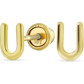 ABC Minimalist Real Yellow 14K Gold Capital Block Alphabet Letter Initial Stud Earrings Safety Ball Screw Back For Teen For Women