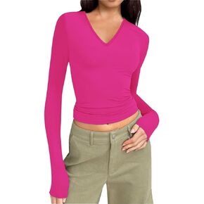 Women's Long Sleeves T-Shirt Stretch Slim Fitted Short Layer Tops Comfy Lightweight Sexy V-Neck Winter Undershirts