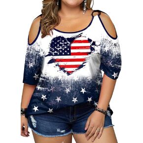 Plus Size American Flag Shirt - Womens USA Patriotic Cold Shoulder T Shirt 4th of July Shirts Memorial Day Loose Tops