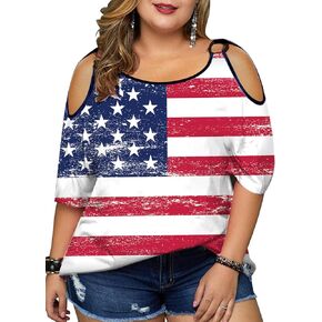 Plus Size American Flag Shirt - Womens USA Patriotic Cold Shoulder T Shirt 4th of July Shirts Memorial Day Loose Tops in Kuwait