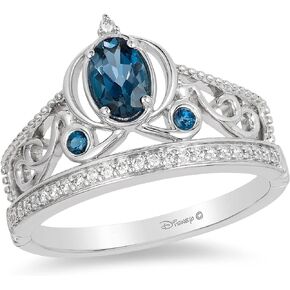 Jewelili Enchanted Disney Fine Jewelry Sterling Silver 6x4 MM London Blue Topaz with 1/10 Cttw Diamonds Cinderella Carriage Tiara Ring