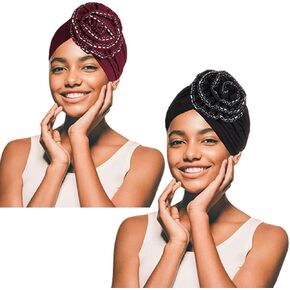 African Flower Turban Beanie Caps Wine Red Rhinestone Headwraps Elastic Pleated Party Prom Headwrap Hats for Women(Pack of 2) in Kuwait