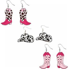 Cowboy Boots Earrings for Women Wooden Cow Print Cowboy Hat Earrings Funny Cow Shaped Lightweight Western Dangle Earring for Women Girls Halloween Costume Accessories Jewelry Gifts