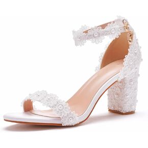 3.75 Inches Ankle Strap Block Heel Sandals WomenThick Chunky Heels Open Toe White Lace Bridal Wedding Sandals Shoes in Kuwait