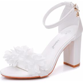 3.75 Inches Ankle Strap Block Heel Sandals WomenThick Chunky Heels Open Toe White Lace Bridal Wedding Sandals Shoes