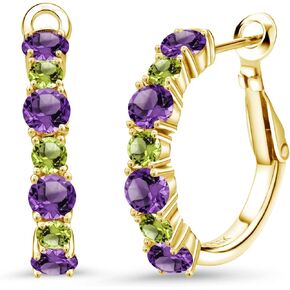Gem Stone King 18K Yellow Gold Plated Silver Purple Amethyst and Green Peridot Hoop Earrings For Women (2.72 Cttw, Gemstone February Birthstone, Round 4MM and 3MM)