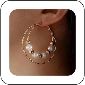 Boho Large Circle Pearl Earrings Vintage Pearl Hoop Earrings Gold Double Hoop Earrings Exaggerate Geometric Statement Earrings Jewelry for Women and Girls