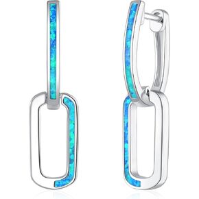 CiNily Paperclip Huggie Hoop Earrings for Women, Created Fire Opal Chain Link Earrings, 14K White Gold Plated Small Drop Dangle Earrings for Sensitive Ears, Rectangle Earrings for Christmas Gifts