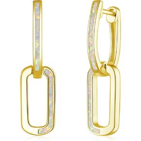 CiNily Paperclip Huggie Hoop Earrings for Women, Created Fire Opal Chain Link Earrings, 14K White Gold Plated Small Drop Dangle Earrings for Sensitive Ears, Rectangle Earrings for Christmas Gifts