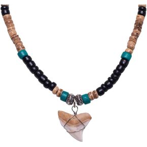 BlueRica Shark Tooth on Coconut Shell Beads Necklace (18" 2U)