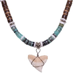 BlueRica Shark Tooth on Coconut Shell Beads Necklace (18" 2U)