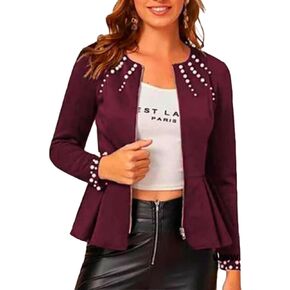 Women's Pearls Blazer Crew Neck Ruffle Hem Long Sleeve Zip Front Peplum Jackets Coat Outwear