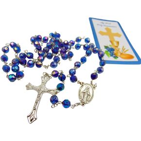 Westmon Works First Holy Communion Rosary Set for Boys Blue Glass Beads in a Drawstring Carry Bag with Matching Prayer Card