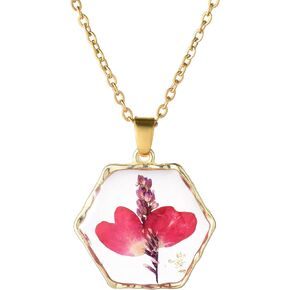 Multicolor Dried Natural Real Flowers Gold-tone Hexagon Shaped Simulated Resin Pendant Necklace