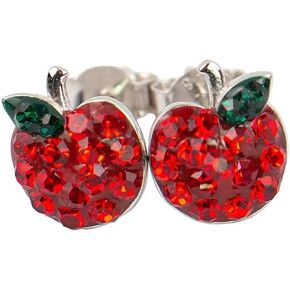 Apple Stud Sterling Silver Earrings, Fruit Jewelry,Pave Crystal Apple Earrings, Gift For Her