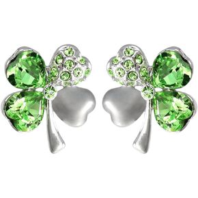 Dahlia Four Leaf Clover Stud Earrings with Swarovski Crystals, Rhodium Plated